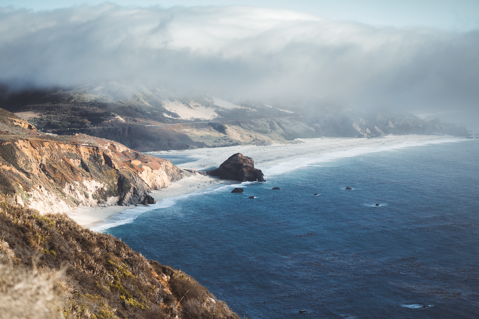 The Northern California coastline in fog